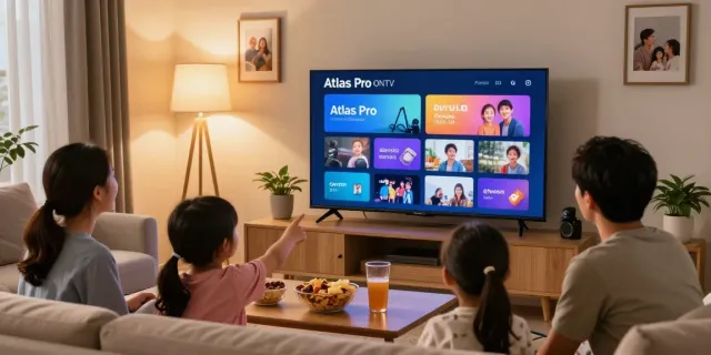 La famille profitant de l'application Atlas Pro sur un écran plat pendant une soirée cinéma.