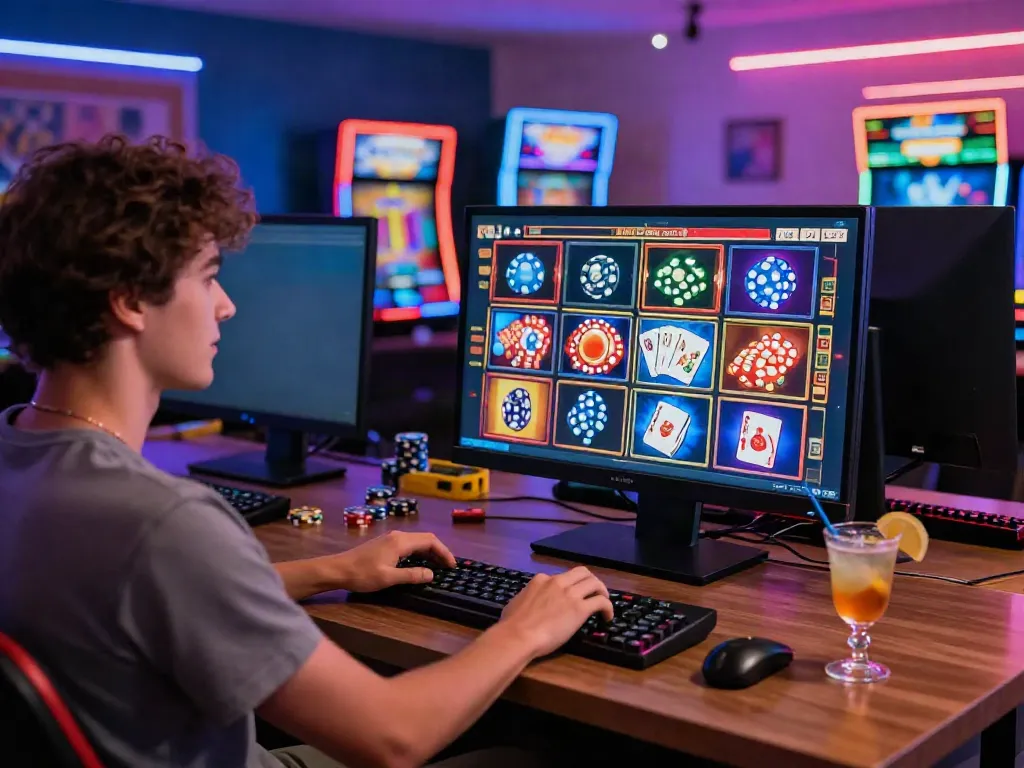 Casino Gratuit sans depot : scène de joueur de casino en ligne à domicile avec jeux colorés.