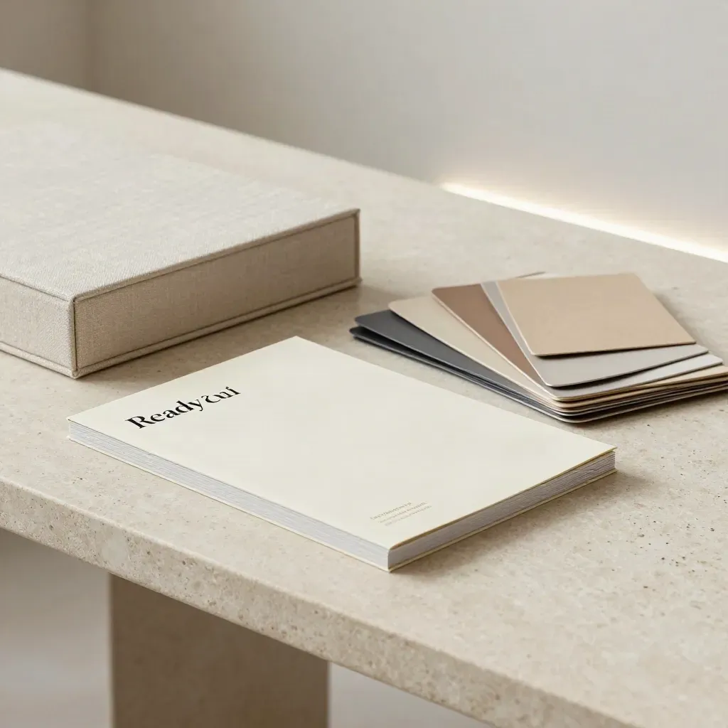 Dossier de positionnement, nuanciers neutres et bloc stratégie sur une table en pierre claire.