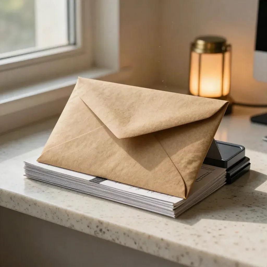 Enveloppe kraft scellée, paquet de copies presse et tampon encreur sur pierre claire.