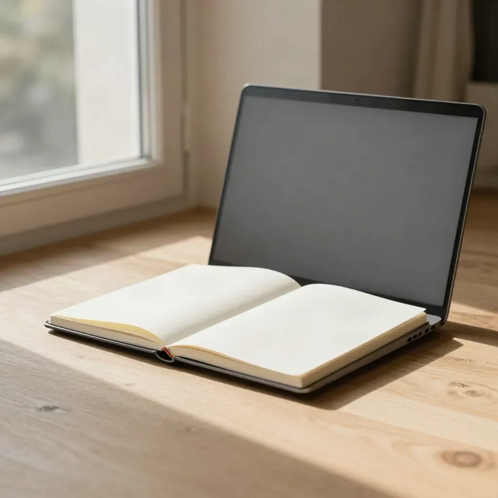 Ordinateur portable fermé, carnet à onglets et maquette papier sur un rebord de fenêtre lumineux.