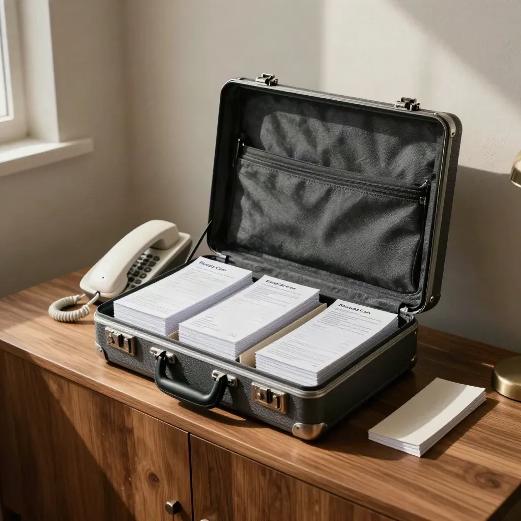 Valise de briefing ouverte, cartes Q&R blanches et téléphone prêt à sonner sur une console en bois.