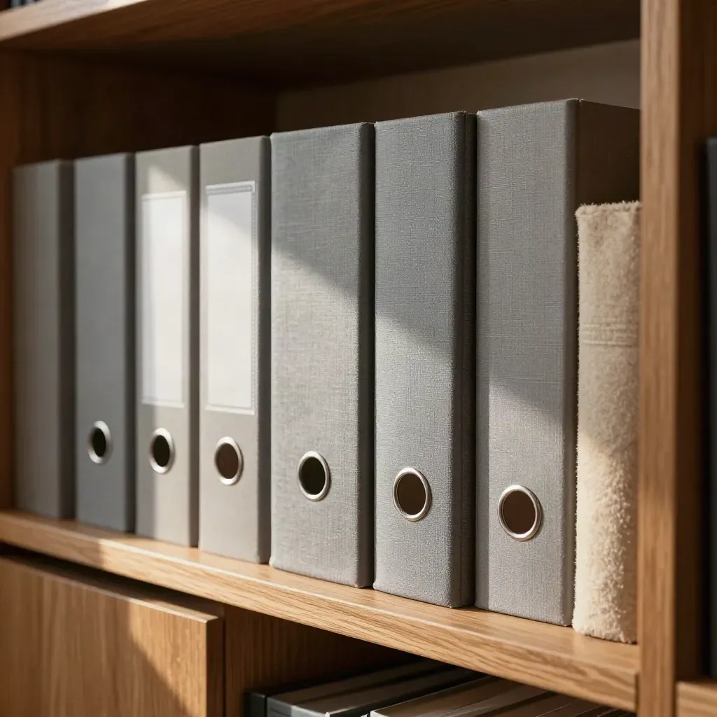 Bibliothèque de cabinet minimaliste avec dossiers fermés, lumière chaude et bois clair.