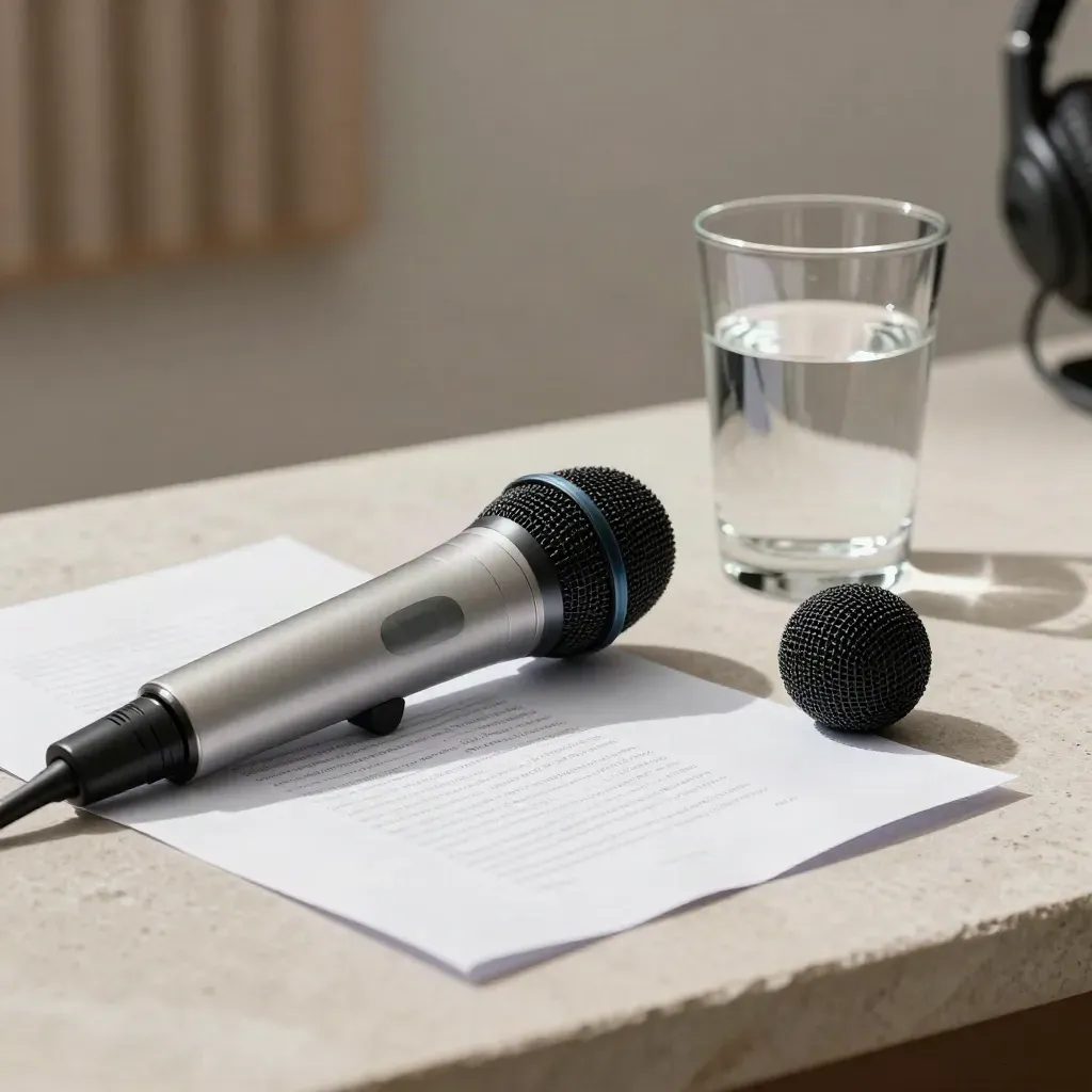 Microphone de conférence, fiche retournée et verre d’eau sur une surface de pierre.