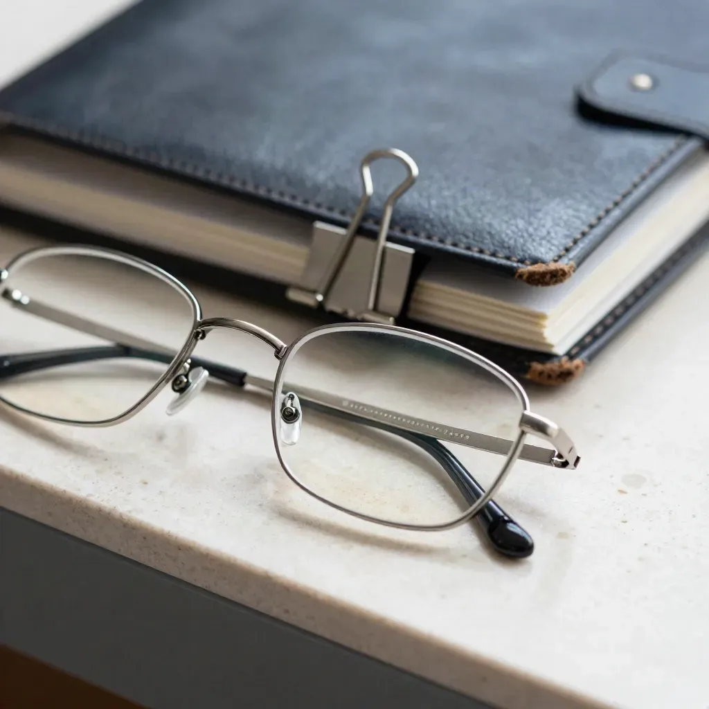 Lunettes fines, pince de reliure en acier et dossier de conseil sur pierre claire.