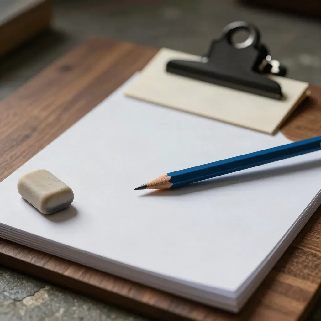 Crayon bleu, gomme usée et feuillets sous une pince noire sur un plan de travail éditorial.