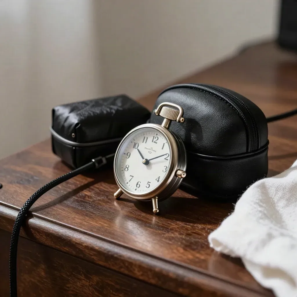 Micro en métal, casque de retour et minuteur chrome sur cuir sombre.