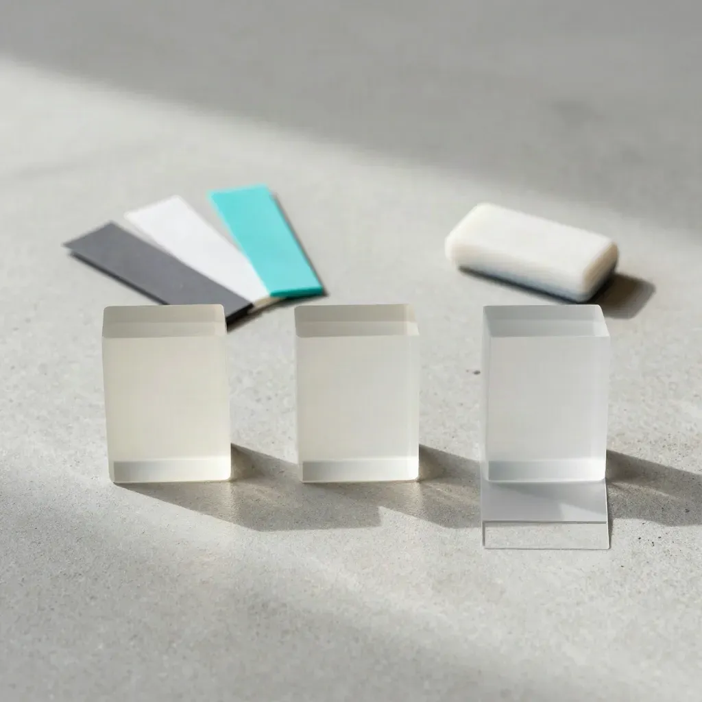 Vue zénithale de blocs acryliques, onglets adhésifs cyan et gomme blanche sur béton clair.