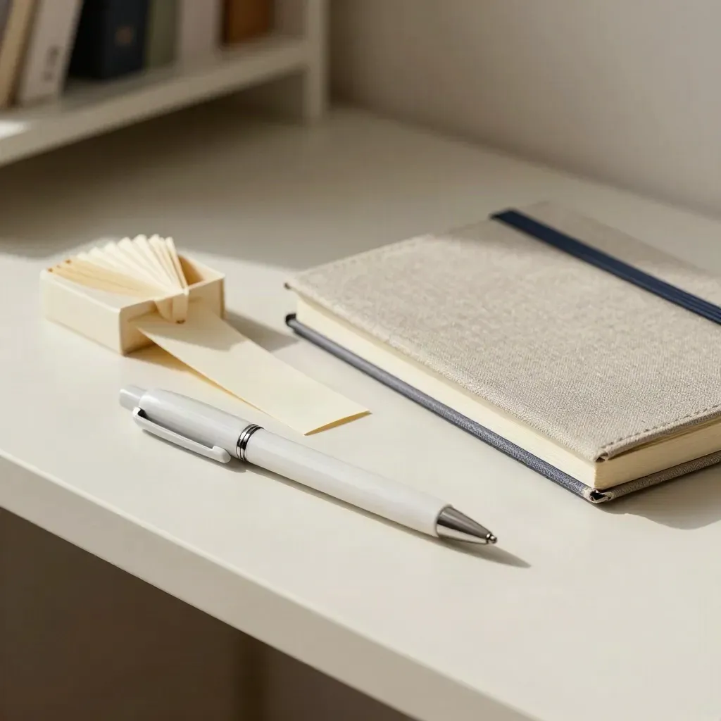 Stylo correcteur, boîte de marque-pages et carnet fermé sur fond clair, lumière douce de côté