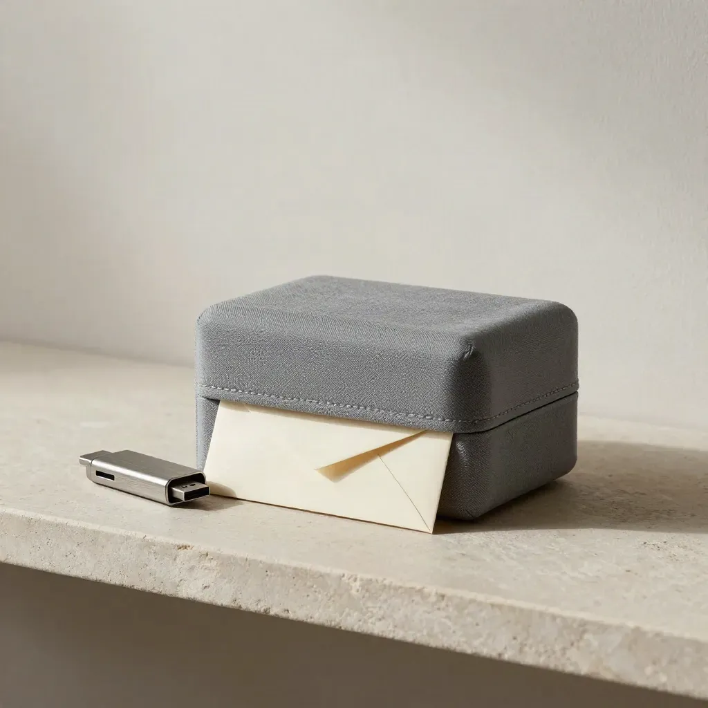 Coffret fermé, clé USB métallique et enveloppe ivoire sur une étagère de pierre.