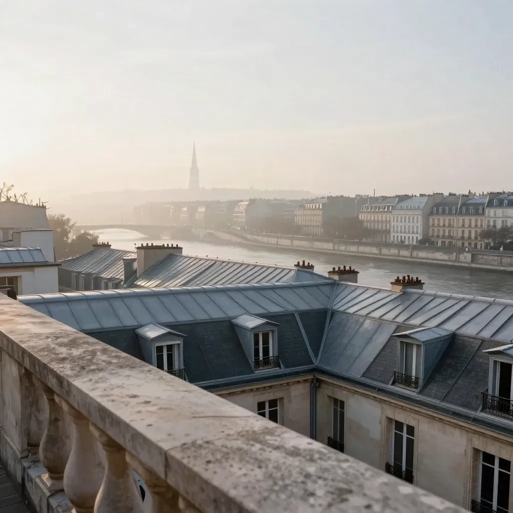 Paris au petit matin, toits haussmanniens, Seine argentée et tour discrète dans la brume.