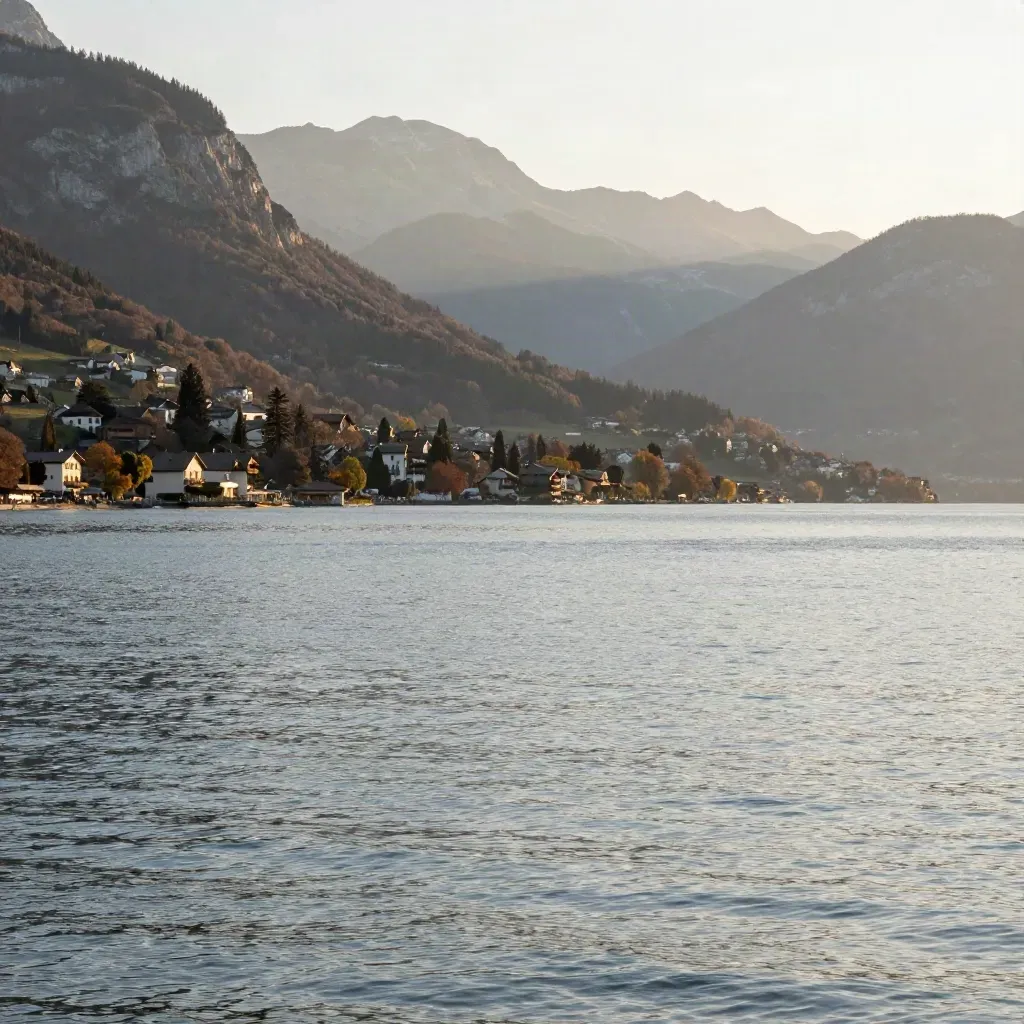 Vue du lac d’Annecy au soleil doré, montagnes en étages et ville nichée haut dans la vallée.