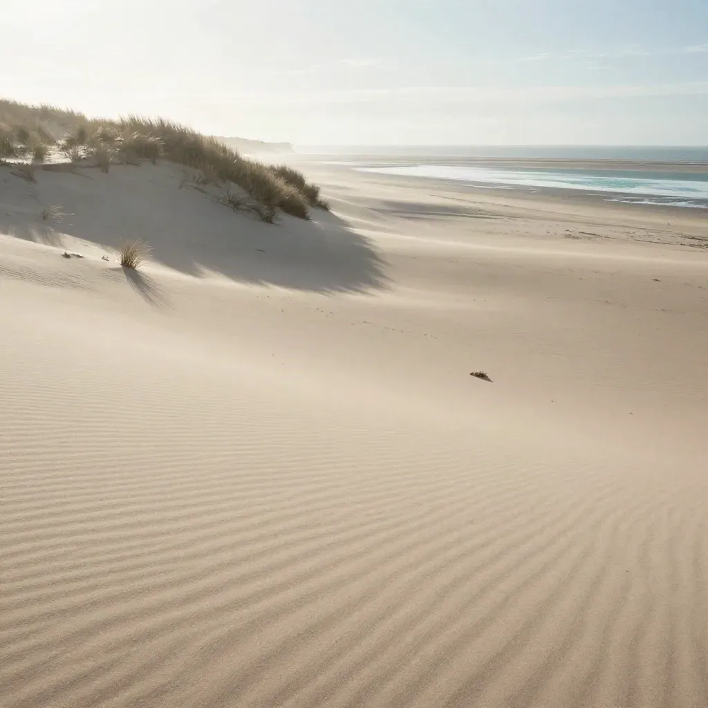 Dune d’Arcachon dans la brume, horizon haut et grande zone vide pour le texte.
