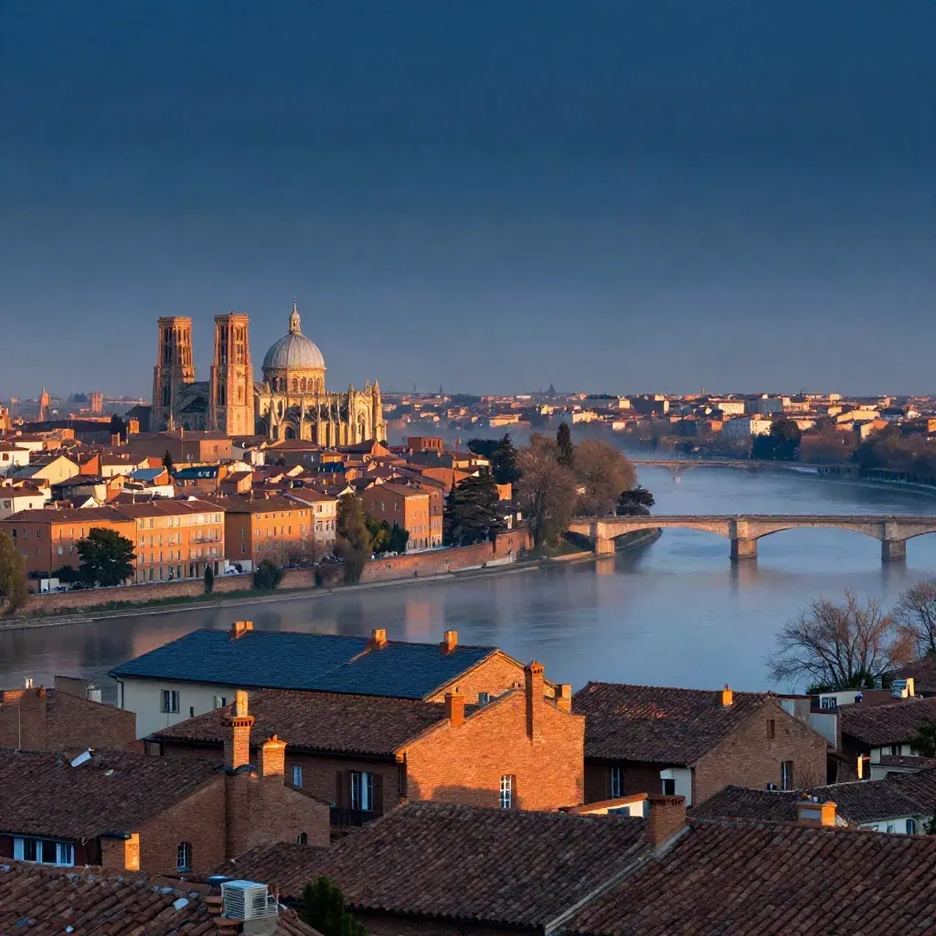 Vue de Toulouse en briques roses sous une lumière dorée, avec la Garonne calme et une brume chaude.