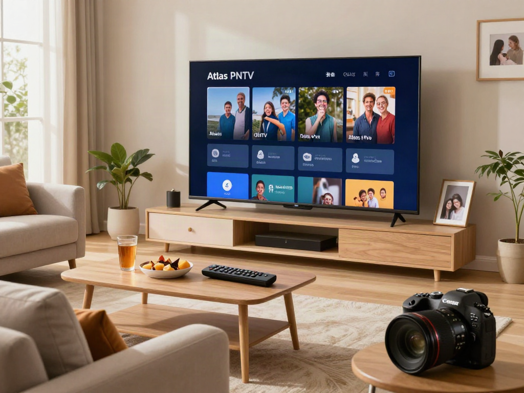 Vue d'un salon moderne avec l'application atlas pro ontv sur un grand écran TV.